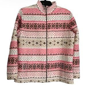 Allison Daley Pink White Zip Up Fleece Jacket Coat Size Medium Stripes Pockets